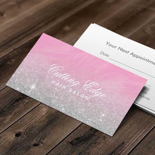 Tarjeta De Citas Hair Salon Purpurina moderno de plata rosa (Subido por el creador)