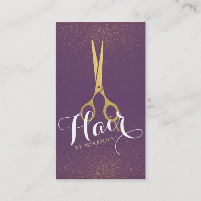 Tarjeta De Citas Hair Stylist Gold Scissors Purple and Gold Purpuri (Anverso)
