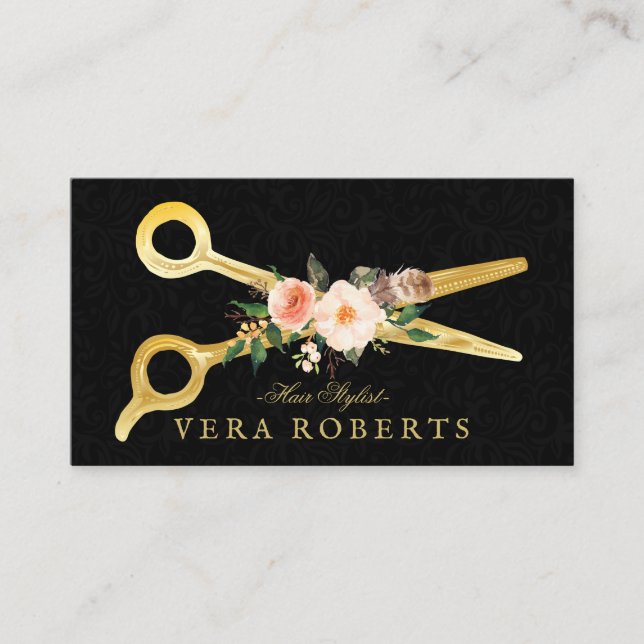 Tarjeta De Citas Hair Stylist Luxury Gold Scissors Damask (Anverso)