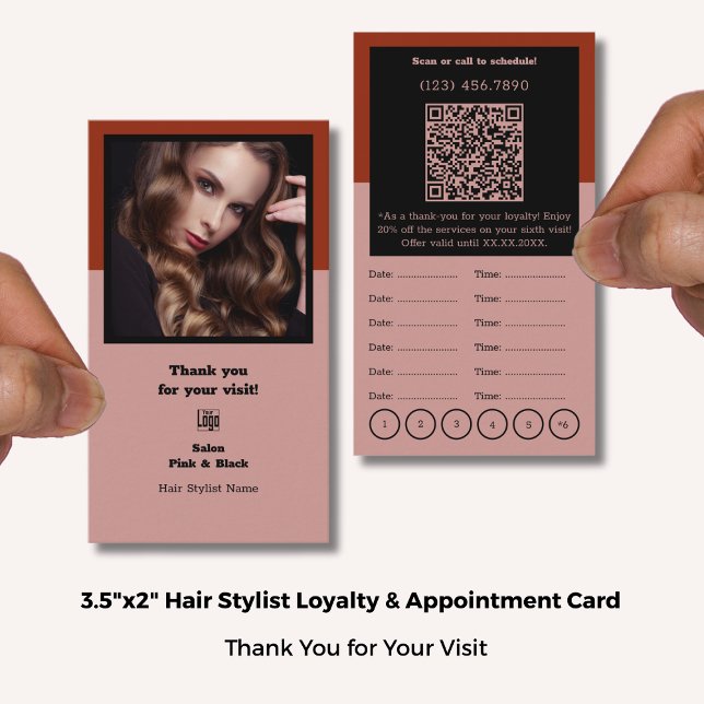 Tarjeta De Citas Hair Stylist Pink Black & Red Gracias, Lealtad Y (Hair Stylist Pink Black & Red Thank You, Loyalty & Appointment Card; Standard Size: 3.5x2 Inch)