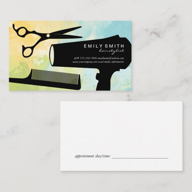 Tarjeta De Citas Herramientas de Hairstylista | Artístico acuarela (Anverso / Reverso)