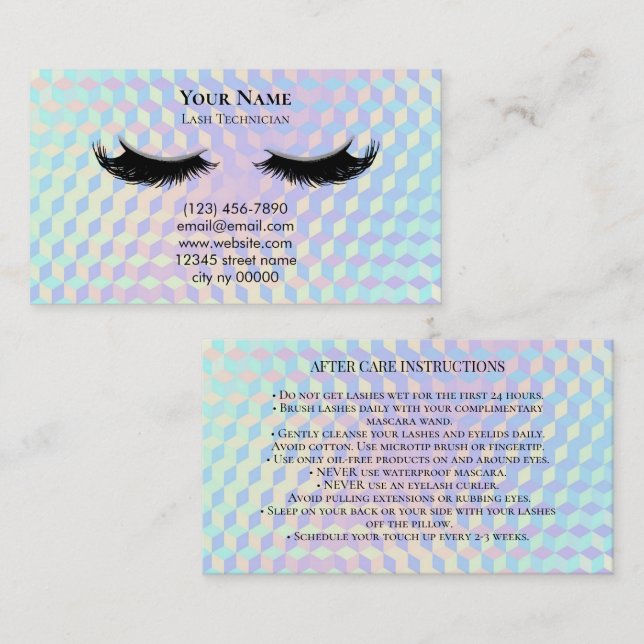 Tarjeta De Citas Holographic Lash Technician After care Card (Anverso / Reverso)