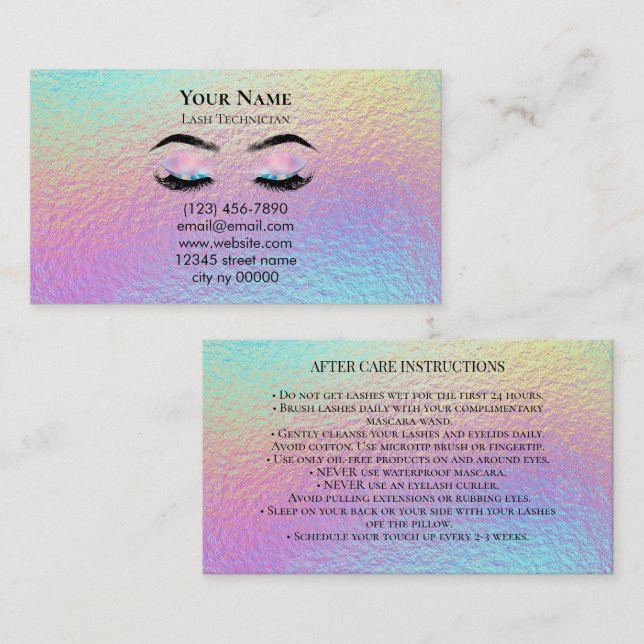 Tarjeta De Citas Holographic Lash Technician After care Card (Anverso / Reverso)