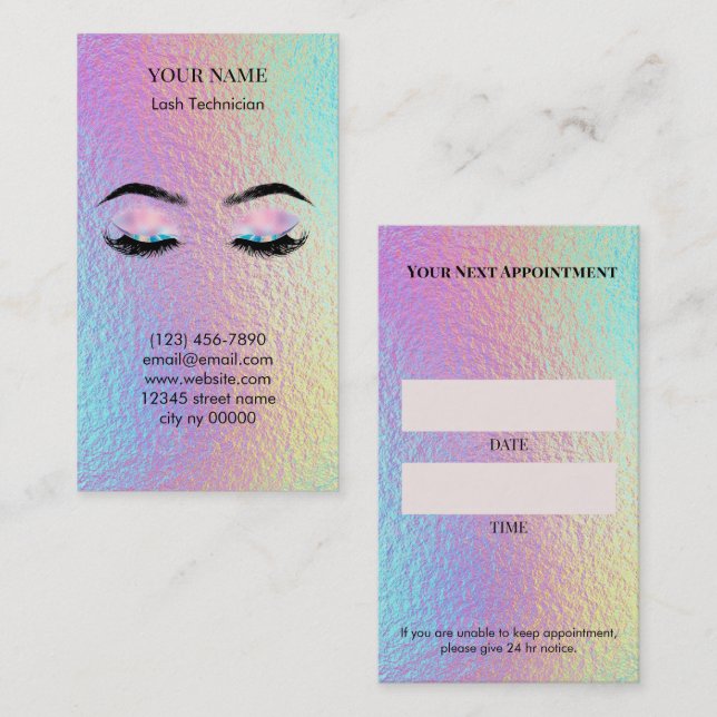 Tarjeta De Citas Holographic Lash Technician Appointment Card (Anverso / Reverso)