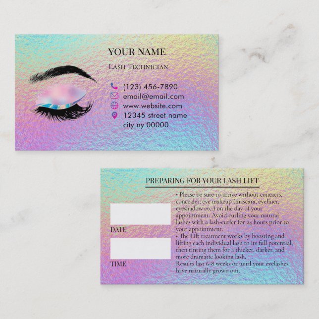 Tarjeta De Citas Holographic Lashes Before care Appointment Card (Anverso / Reverso)