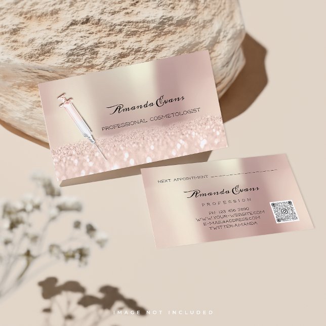 Tarjeta De Citas Jeringa Rosa Purpurina Botox Inyecciones Cosmetolo (Syringe Rose Glitter Botox Injections Cosmetology Appointment Card)