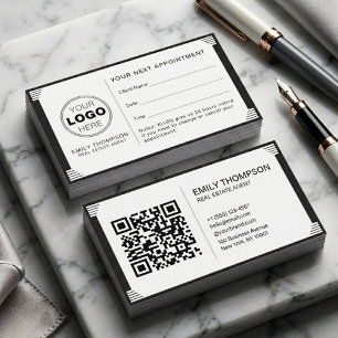 Tarjeta De Citas Logotipo Profesional Código QR Blanco Negro Art Dé