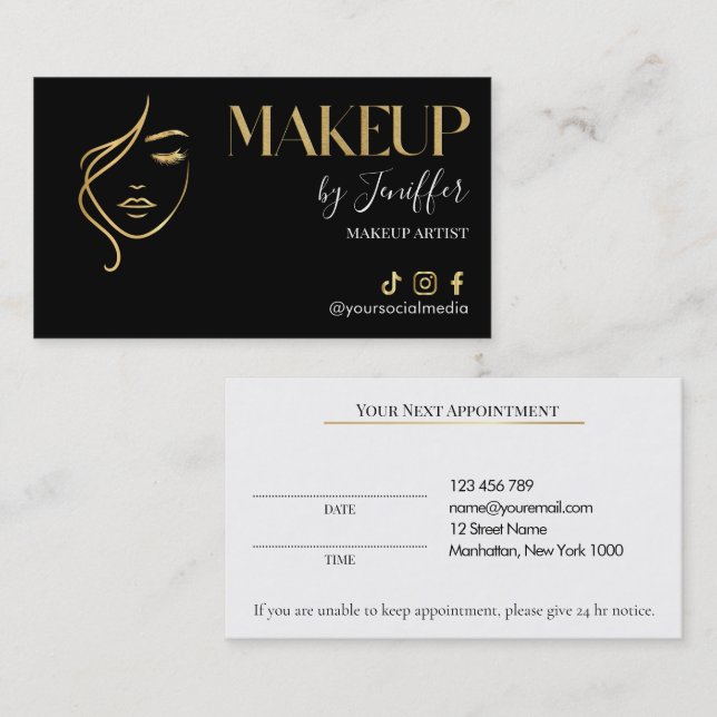Tarjeta De Citas Luxury Black & Gold Makeup Appointment Card (Anverso / Reverso)
