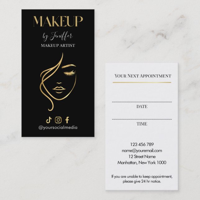 Tarjeta De Citas Luxury Black & Gold Makeup Appointment Card (Anverso / Reverso)