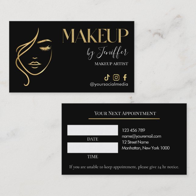 Tarjeta De Citas Luxury Black & Gold Makeup Appointment Card (Anverso / Reverso)
