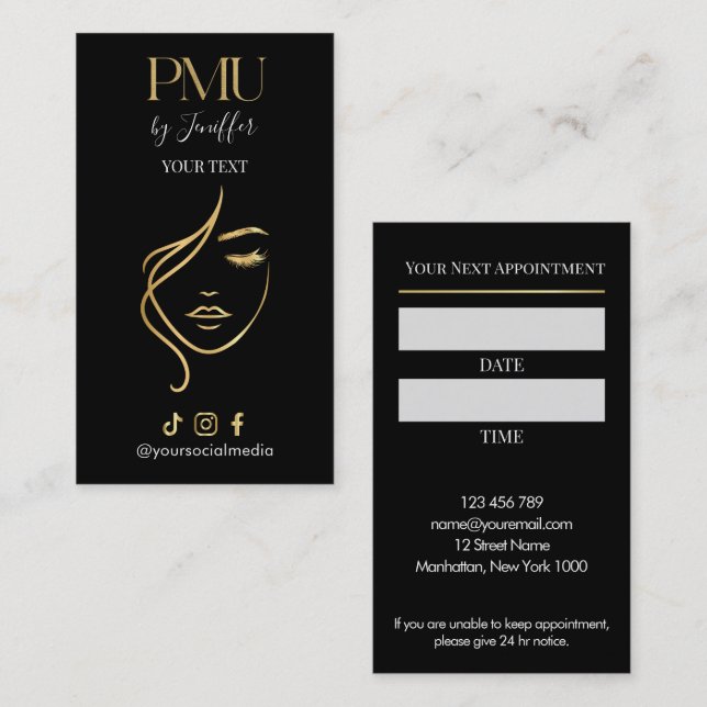 Tarjeta De Citas Luxury Black & Gold PMU Appointment Card (Anverso / Reverso)