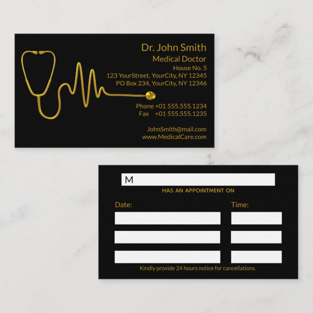 Tarjeta De Citas Luxury Gold ECG Wave Stethoscope EKG Line Medical (Anverso / Reverso)