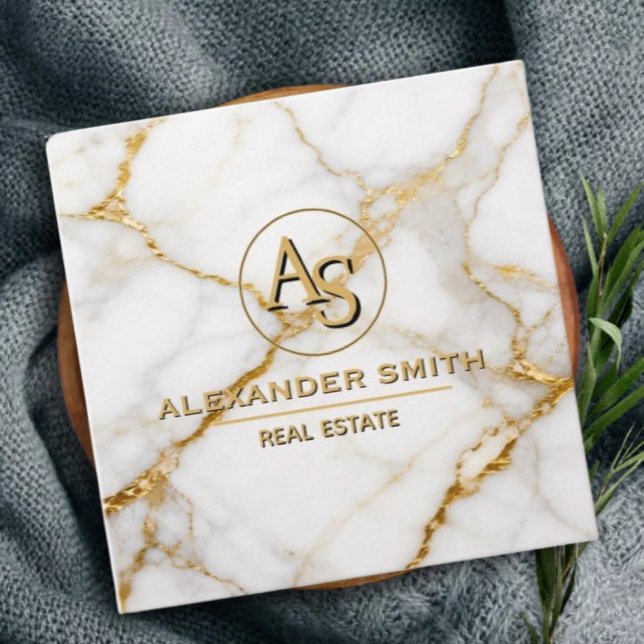 Tarjeta De Citas Luxury White Marble Gold Monogram Real Estate  (Subido por el creador)