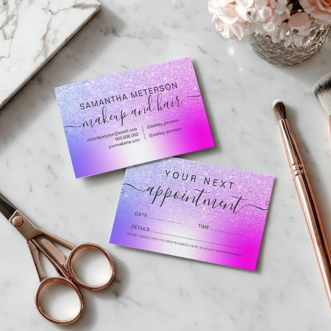 Tarjeta De Citas Makeup hair pink purple glitter metallic foil (Makeup hair pink purple glitter metallic foil appointment card)