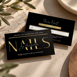 Tarjeta De Citas Manicura Glam Moderna de Uñas Salón Negro y Dorado