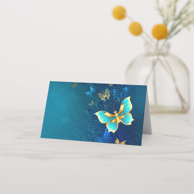 Tarjeta De Citas Mariposas doradas sobre fondo azul (Anverso)