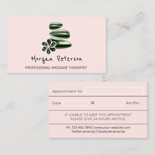 Tarjeta De Citas Masaje Spa Wellness Belleza Personalizado Verde Lo (Anverso / Reverso)