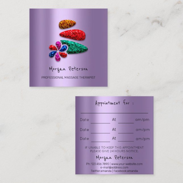 Tarjeta De Citas Masaje Spa Wellness Purpurina Flor Logo Purple (Anverso / Reverso)