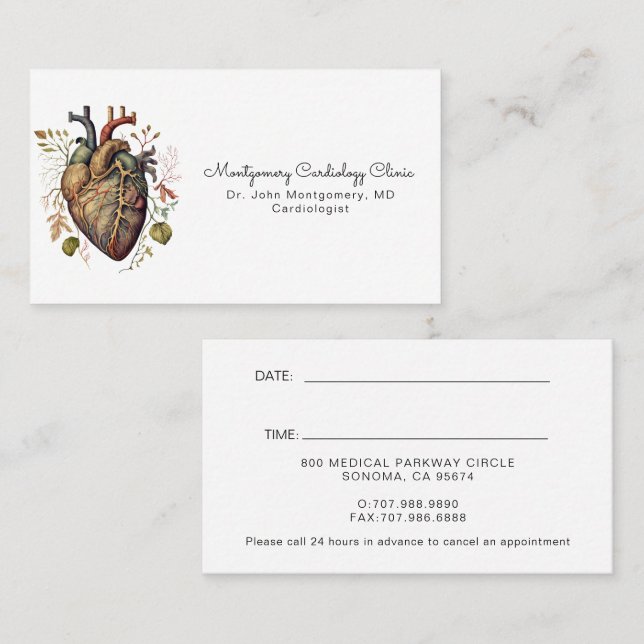 Tarjeta De Citas Médica de cardiología anatómica cardíaca (Anverso / Reverso)