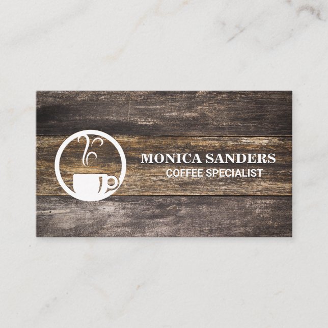 Tarjeta De Citas Mesa de madera vieja rústica | Taza de café de vap (Anverso)