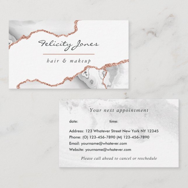 Tarjeta De Citas Moda acuarela Blanco y Rosa Gold Agate Business (Anverso / Reverso)