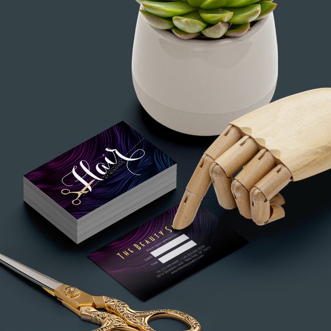 Tarjeta De Citas Moda Black Purple Faux Gold Scissors Hair Stylist (Subido por el creador)