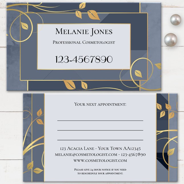 Tarjeta De Citas Moda gris azul hojas de oro (Professional appointment business card featuring swirling golden leaves on blue grey geometric)