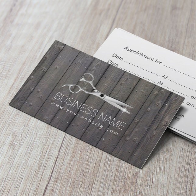 Tarjeta De Citas Moda Scissor Wood Stripes Hair Salon Nombramiento (Subido por el creador)