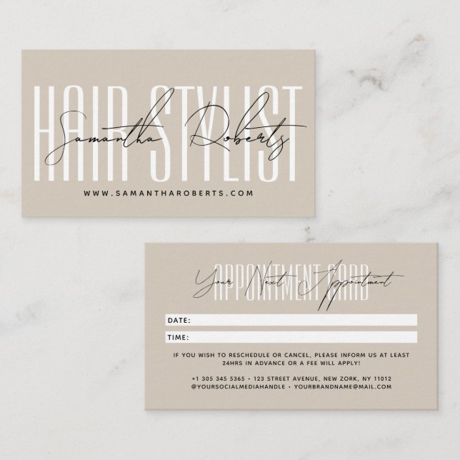 Tarjeta De Citas Modern hair stylist script typography beige (Anverso / Reverso)