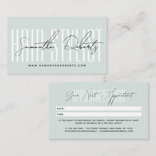 Tarjeta De Citas Modern hair stylist script typography blue (Anverso / Reverso)