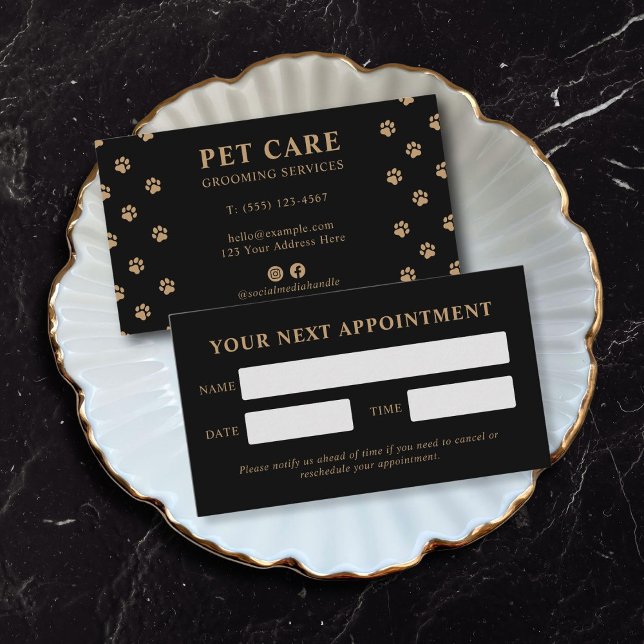 Tarjeta De Citas Modern Luxury Black Golden Paw Pet Care (modern luxury charcoal black gold paw pet appointment card)
