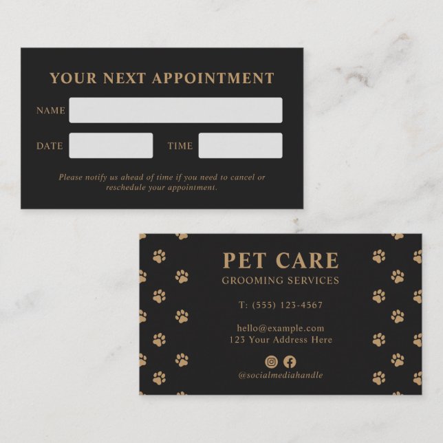 Tarjeta De Citas Modern Luxury Charcoal Golden Paw Pet Care (Anverso / Reverso)