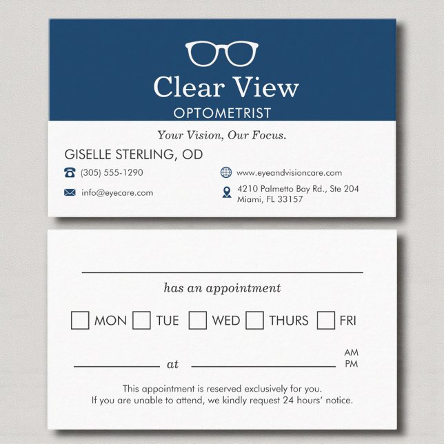Tarjeta De Citas Modern Navy Blue Appointment Reminder Optometrist (Subido por el creador)
