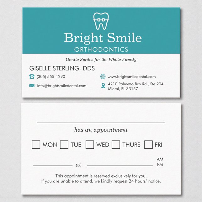 Tarjeta De Citas Modern Orthodontist Aqua Blue Appointment Reminder (Subido por el creador)
