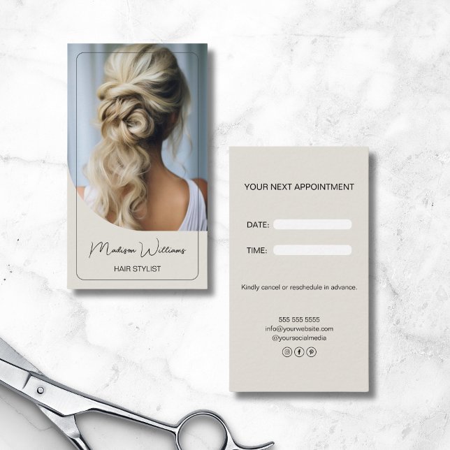 Tarjeta De Citas Moderna foto Personalizado Hair Stylist (Modern Custom Photo Hair Stylist Appointment Card)