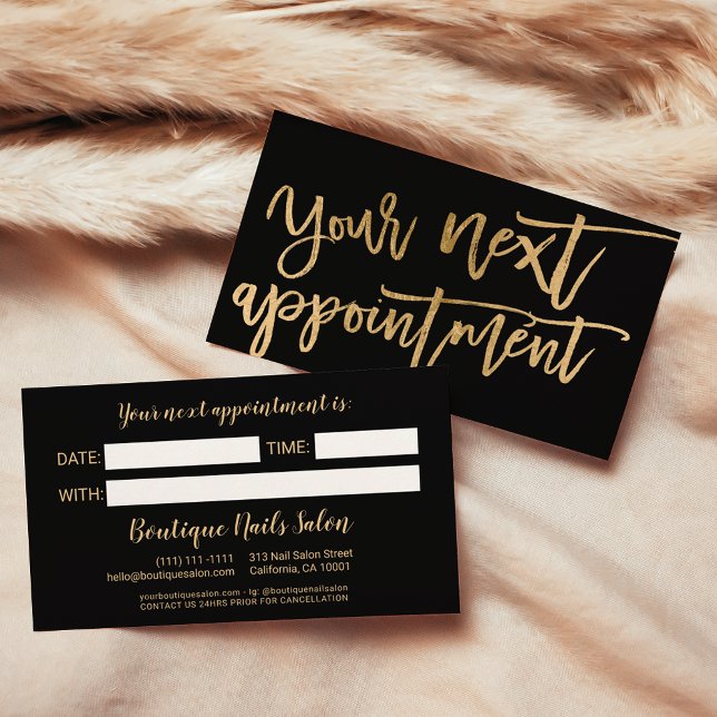 Tarjeta De Citas Moderna y elegante escritura de Relieve metalizado (Modern elegant gold foil script typography black appointment card)
