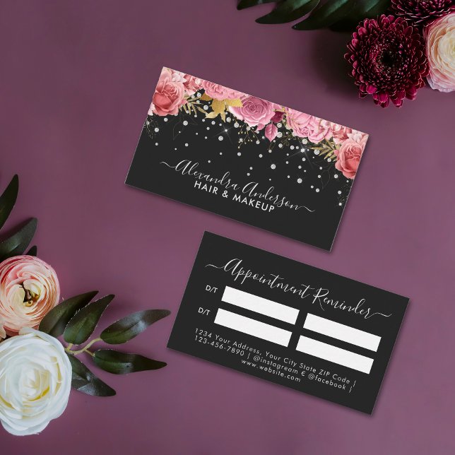 Tarjeta De Citas Moderno salón de belleza Purpurina de diamantes fl (Modern Pink Floral Diamonds Glitter Beauty Salon Appointment Card)