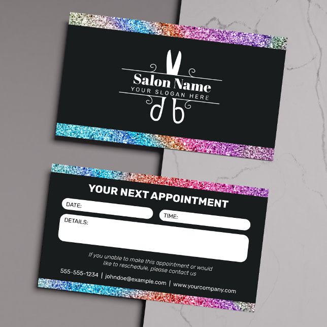 Tarjeta De Citas Moderno Salón de Purpurinas Negro y Arcoiris (Subido por el creador)