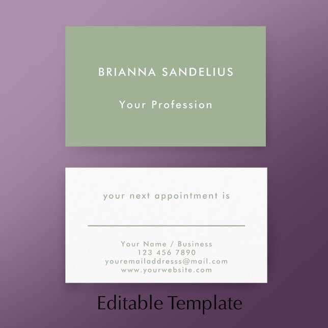 Tarjeta De Citas Moderno Verde Salvia Simple Personalizado de Negoc (Add your custom text to this modern sage green appointment card template.
)