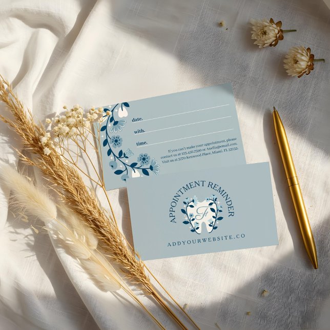 Tarjeta De Citas Monograma elegante de dientes dentales floreciente (Elegant Floral Blooming Dental Tooth Logo Monogram Appointment Card)