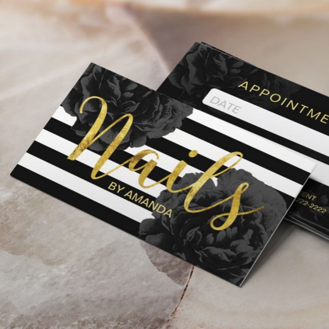 Tarjeta De Citas Nail Salon Modern Stripes Black Floral Nombramient (Subido por el creador)