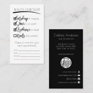 Tarjeta De Citas Nails Black White Beauty Checklist Business Logo