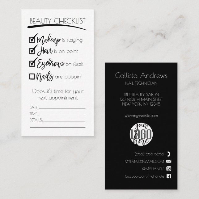 Tarjeta De Citas Nails Black White Beauty Checklist Business Logo (Anverso / Reverso)