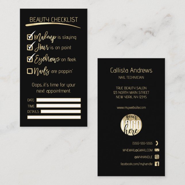 Tarjeta De Citas Nails Gold Black Beauty Checklist Business Logo (Anverso / Reverso)