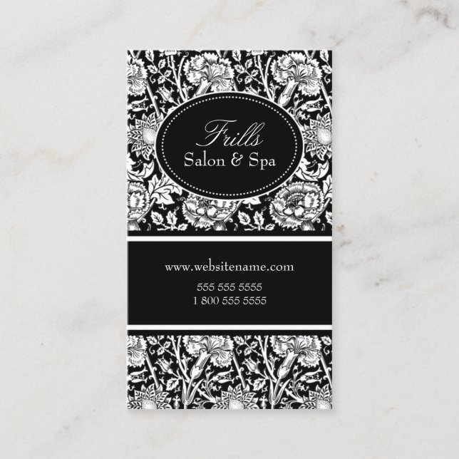 Tarjeta De Citas Negro elegante del salón del estampado de flores (Anverso)