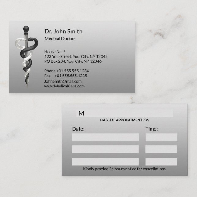 Tarjeta De Citas Noble médico elegante blanco negro álabo elegante (Anverso / Reverso)