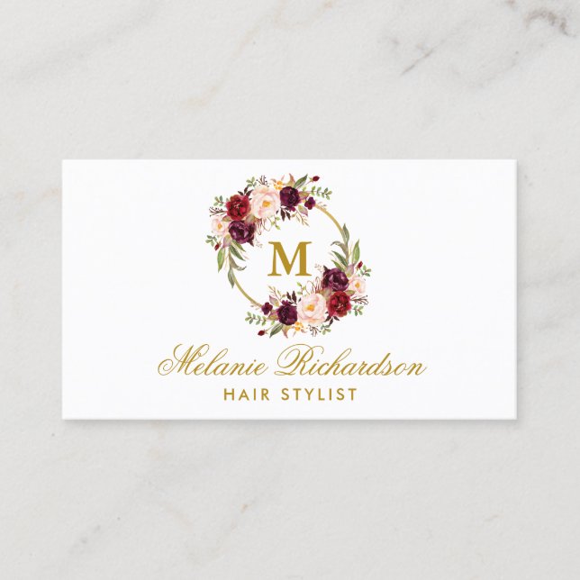Tarjeta De Citas Nombramiento de Burgundy Floral Gold Hair Stylist  (Anverso)