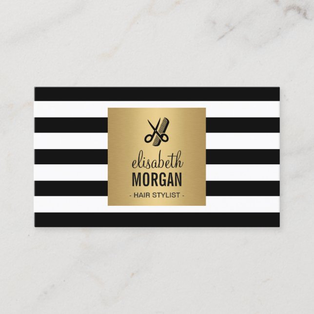 Tarjeta De Citas Nombramiento de Hairstylist Gold Black White Strip (Anverso)