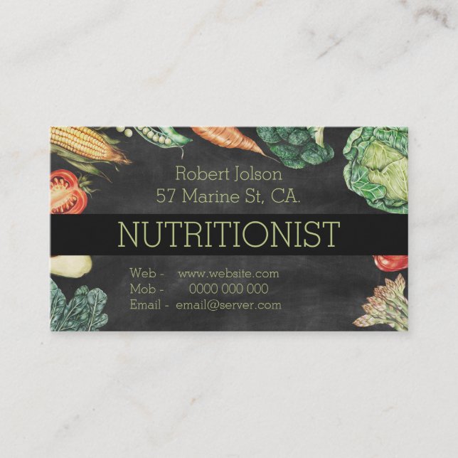 Tarjeta De Citas Nutricionista Blackboard y Verduras Profesionales (Anverso)