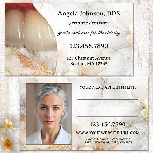 Tarjeta De Citas Odontólogo Geriátrico Elegante (Geriatric dentist appointment  business card with teeth of an elderly lady and a porcelain design)